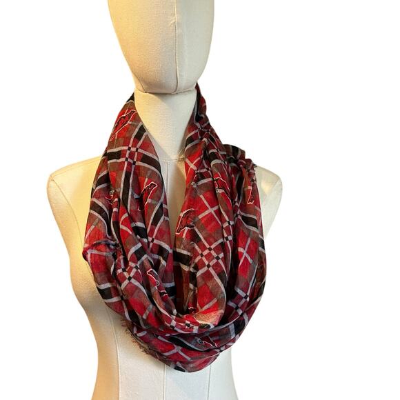 Arkansas Razorbacks College Football Scarf Infinity Plaid with Razorback Frayed - Picture 2 of 7